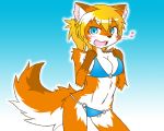  2015 acky05_(artist) anthro blonde_hair blue_eyes blush breasts butt canid canine clothed clothing female fluffy fluffy_tail fur gradient_background hair inner_ear_fluff mammal musical_note open_mouth orange_fur ponytail simple_background solo standing swimsuit 