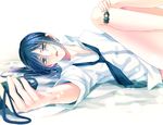  1boy bare_legs blue_eyes blue_hair collared_shirt k_(anime) keychain long_hair lying lying_down male male_focus necktie no_pants pantless partially_undressed ponytail shirt solo tie yatogami_kurou 