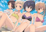  bare_legs bare_shoulders bikini black_hair blue_eyes breasts brown_eyes brown_hair chuunibyou_demo_koi_ga_shitai! cleavage cloud day dekomori_sanae eyepatch hair_ornament hairclip highres magic_circle medium_breasts mocha_(snowflake) multiple_girls nibutani_shinka one_side_up outdoors partially_submerged red_eyes short_hair sky small_breasts smile swimsuit takanashi_rikka tan tsuyuri_kumin twintails water 