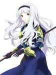  alternate_costume breasts brown_eyes colmack gloves hairband idolmaster idolmaster_(classic) long_hair medium_breasts open_mouth polearm shijou_takane silver_hair solo weapon 