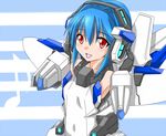  blue_hair densou_tenshi_valforce elbow_gloves flat_chest gloves headphones kannagi_ai karukan_(monjya) listening_to_music mecha_musume mechanical_arms one-piece_swimsuit open_mouth red_eyes short_hair smile solo swimsuit thrusters white_swimsuit 