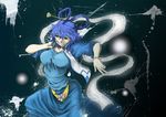  blue_eyes blue_hair bracelet breasts dress evil_grin evil_smile flower grin hair_ornament hair_rings hair_stick jewelry kaku_seiga koyubi_(littlefinger1988) large_breasts shawl smile solo touhou vest 