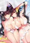  2girls alternate_costume animal_ears arm_support atago_(azur_lane) atago_(midsummer_march)_(azur_lane) azur_lane bangs beach_umbrella bikini black_hair blush bottle bow breast_grab breasts brown_eyes casual_one-piece_swimsuit catsizuru cleavage closed_mouth commentary criss-cross_halter extra_ears eyebrows_visible_through_hair flower grabbing groin hair_bow hair_flower hair_ornament hair_ribbon halterneck highres holding holding_bottle large_breasts long_hair looking_at_viewer mole mole_under_eye multiple_girls navel one-piece_swimsuit ponytail pouring ribbon sarong see-through sidelocks sitting smile solo swept_bangs swimsuit takao_(azur_lane) takao_(beach_rhapsody)_(azur_lane) thighs umbrella very_long_hair white_bikini white_bow white_ribbon white_swimsuit yokozuwari 