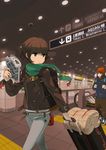  bad_id bad_pixiv_id brown_eyes brown_hair green_scarf hat highres jacket luggage multiple_girls original real_world_location scarf tactile_paving tomioka_jirou train_station yokohama 