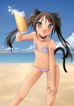  alcohol animal_ears beach beer bikini_top black_hair blush cat_ears cat_tail choker collarbone fang francesca_lucchini green_eyes hajime_monji navel open_mouth panties solo strike_witches striped striped_panties tail twintails underwear world_witches_series 