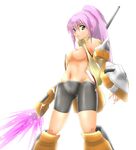  bare_shoulders bike_shorts breasts breasts_outside cameltoe densou_tenshi_valforce energy_spear green_eyes harukaze_ren karukan_(monjya) large_breasts long_hair midriff nail_polish navel nipples pink_hair polearm ponytail revealing_clothes shield solo spear thrusters weapon 