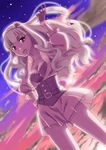  belt breasts cleavage cloud gloves hair_tousle hairband hand_on_hip highres idolmaster idolmaster_(classic) long_hair medium_breasts nomi open_mouth red_eyes shijou_takane silver_hair skirt sky solo 