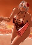  beach breasts christie christie_(doa) dead_or_alive flower hair_flower hair_ornament hand_holding large_breasts ocean papepox2 sunset tecmo white_hair 