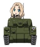  animated animated_gif black_shirt blonde_hair blue_eyes brown_jacket caterpillar_tracks chibi emblem enter_enter_mission! girls_und_panzer ground_vehicle jacket kay_(girls_und_panzer) long_hair looking_at_viewer lowres m4_sherman medium_tank military military_uniform military_vehicle motor_vehicle nana-ine open_clothes open_jacket open_mouth saunders_(emblem) saunders_military_uniform shirt simple_background smile solo star tank uniform white_background 