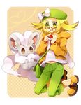  1girl bag bel_(pokemon) blonde_hair brown_eyes cinccino glasses green_eyes hat jacket navel poke_ball pokemon pokemon_(game) pokemon_bw2 smile 