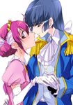  aoki_reika blue_eyes blue_hair blush couple dress earrings epaulettes hair_tubes hoshizora_miyuki jewelry long_hair looking_at_viewer looking_away multiple_girls open_mouth pink_eyes pink_hair precure prince princess short_hair smile_precure! tiara tima twintails yuri 