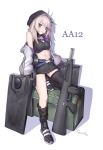  1girl aa-12 aa-12_(girls_frontline) ahoge asymmetrical_legwear bangs beret black_footwear black_gloves black_hat black_legwear black_shirt black_skirt blue_eyes blush breasts brown_hair character_name closed_mouth collarbone commentary_request crop_top eyebrows_visible_through_hair girls_frontline gloves grey_jacket gun hair_between_eyes hat head_tilt highres jacket ky_(ky990533) long_hair long_sleeves looking_at_viewer loose_socks medium_breasts mouth_hold navel object_namesake off_shoulder open_clothes open_jacket puffy_long_sleeves puffy_sleeves ribbed_shirt shadow shirt shoes shotgun signature single_thighhigh skirt solo thighhighs weapon white_background 