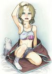  bikini bikini_under_clothes blonde_hair blue_eyes cat collarbone freckles full_body hand_on_own_head missing_tooth ninny-world open_mouth original short_hair shorts socks solo sports_bra striped striped_bikini swimsuit swimsuit_under_clothes tomboy 