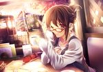  book brown_eyes brown_hair coffee dutch_angle eraser fence glasses holding lips one_eye_closed original parted_lips pencil pencil_case red-framed_eyewear ribbon ryuji_(ikeriu) short_hair sitting smile solo sunlight table 