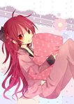  bad_id bad_pixiv_id fang hairband highres long_hair mahou_shoujo_madoka_magica mmco open_mouth pajamas pillow ponytail red_eyes red_hair sakura_kyouko solo star 