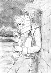  against_wall can from_side graphite_(medium) greyscale hong_meiling izayoi_sakuya monochrome multiple_girls scarf touhou traditional_media vent_arbre 