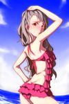  arm_up back blush casual_one-piece_swimsuit clearite cloud day hand_on_hip idolmaster idolmaster_cinderella_girls kamiya_nao long_hair looking_at_viewer looking_back one-piece_swimsuit pink_swimsuit red_eyes sky smile solo swimsuit wavy_mouth 