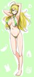  ;) ahoge arms_behind_head barefoot bikini blonde_hair breasts clearite covered_nipples green_bikini green_eyes highleg highleg_bikini highleg_swimsuit hoshii_miki idolmaster idolmaster_(classic) large_breasts long_hair looking_at_viewer navel one_eye_closed smile solo swimsuit 