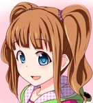  blue_eyes blush brown_hair clearite idolmaster idolmaster_(classic) lowres open_mouth simple_background smile solo takatsuki_yayoi upper_body 