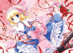  alice_margatroid back black_legwear blonde_hair blue_eyes bow capelet dress flower hair_bow hairband lace looking_back pink_flower pink_rose red_flower red_rose ribbon rose short_hair smile solo thighhighs touhou white-brown 