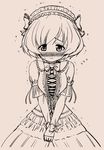  akiyama_yukari alternate_costume blush bow bowtie dress frills girls_und_panzer gothic_lolita headdress lolita_fashion looking_at_viewer monochrome nishino_eiichi short_hair smile solo standing trembling 