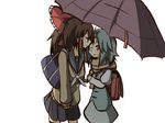  alternate_costume ascot backpack bag black_legwear blue_hair blush bow brown_hair closed_eyes hair_bow hair_tubes hakurei_reimu hand_on_another's_face holding karakasa_obake kiss kumo_(atm) long_hair multiple_girls one_eye_closed pleated_skirt purple_umbrella red_eyes scarf school_uniform shared_umbrella short_hair skirt sleeves_past_wrists smile sweater tatara_kogasa thighhighs tongue tongue_out touhou umbrella vest yuri 