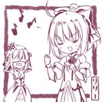  ahoge anger_vein artoria_pendragon_(all) bare_shoulders bow chibi cleavage_cutout closed_eyes corset detached_sleeves dress eighth_note fate/stay_night fate/unlimited_codes fate_(series) hair_bow microphone monochrome multiple_girls music musical_note nashoki saber_alter saber_lily singing 