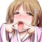  blush clearite hair_ornament hairclip idolmaster idolmaster_cinderella_girls lowres mimura_kanako open_mouth oral_invitation simple_background solo tongue tongue_out white_background 