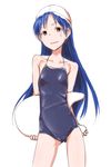  anger_vein arms_behind_back blue_hair clearite flat_chest idolmaster idolmaster_(classic) kickboard kisaragi_chihaya long_hair one-piece_swimsuit simple_background solo swim_cap swimsuit very_long_hair white_background 