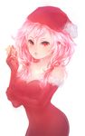  breasts christmas cleavage dress elaizy elbow_gloves gloves guilty_crown hat long_hair medium_breasts pink_hair red_dress red_eyes red_gloves santa_hat solo star yuzuriha_inori 