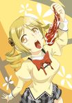  blonde_hair breasts drill_hair food hair_ornament highres large_breasts mahou_shoujo_madoka_magica meat nonone_(the9thxsheep) open_mouth plaid plaid_skirt pleated_skirt saliva school_uniform shirt skirt solo taut_clothes taut_shirt tomoe_mami tongue yellow_eyes 