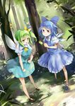  absurdres antennae blonde_hair blue_eyes blue_hair blush bow breasts cirno daiyousei dress fairy_wings forest frog grass green_eyes green_hair hair_bow hair_ribbon highres ice ice_wings long_hair long_sleeves medium_breasts multiple_girls nature open_mouth puffy_sleeves red_eyes ribbon rumia shirt short_hair short_sleeves side_ponytail skirt smile tomoko_waves touhou tree wings wriggle_nightbug 