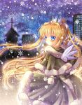  air blonde_hair blue_eyes candle crown hinokami_sakura kamio_misuzu long_hair looking_back ponytail snowflakes solo very_long_hair wings winter_clothes 