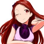  clearite hair_flip idolmaster idolmaster_(classic) long_hair lowres minase_iori one_eye_closed red_eyes red_hair simple_background smile solo upper_body white_background 