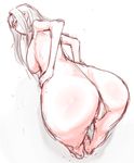  ass bent_over blush breasts clearite from_behind huge_breasts idolmaster idolmaster_(classic) long_hair looking_at_viewer looking_back presenting shijou_takane simple_background sketch solo white_background 