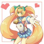  armpits bell blazblue blonde_hair bow gloves green_eyes hair_bow hairband heart heart-shaped_pupils ire-ko long_hair low-tied_long_hair magical_girl microskirt navel outstretched_hand platinum_the_trinity quad_tails skirt solo symbol-shaped_pupils two_side_up very_long_hair 