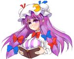  :t book bookshelf bow breasts capelet crescent dress hair_bow hat large_breasts long_hair mabuchoco_m patchouli_knowledge purple_eyes purple_hair ribbon solo touhou upper_body 