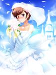  :o bare_shoulders blush bouquet brown_hair collarbone dha dress elbow_gloves flower gloves hair_ornament heart heart_necklace highres holding kami_nomi_zo_shiru_sekai kosaka_chihiro looking_at_viewer petals pink_eyes short_hair solo veil wedding_dress 