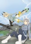  amai_nekuta animal_ears aurora_e_juutilainen bag black_legwear blonde_hair boots eila_ilmatar_juutilainen grey_hair ground_vehicle gun highres jacket jitome machine_gun mg42 military military_uniform military_vehicle motor_vehicle multiple_girls on_vehicle open_mouth pantyhose purple_eyes satchel siblings sisters sitting strike_witches striker_unit tail tank uniform weapon white_legwear world_witches_series 