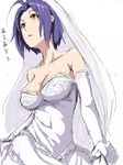  breasts clearite dress elbow_gloves gloves idolmaster idolmaster_(classic) medium_breasts miura_azusa purple_hair red_eyes simple_background solo wedding_dress white_background 