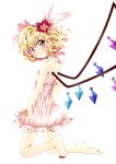  ascot bare_legs bare_shoulders barefoot blonde_hair flandre_scarlet flower haiiro_(immature) hair_flower hair_ornament hat highres kneeling looking_at_viewer mob_cap nail_polish pink_eyes pink_skirt ribbon shirt short_hair side_ponytail skirt smile solo touhou wings 