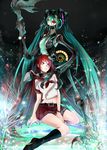  absurdres aqua_eyes belt black_legwear bow calne_ca crustacean cyborg green_hair hair_bow hatsune_miku heterochromia highres honya1 isopod kneehighs long_hair mandibles multiple_girls nato-kun necktie red_hair saikin_osen_-_bacterial_contamination_-_(vocaloid) school_uniform serafuku shoes skirt socks twintails vocaloid 