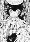  2011 agito_su bamboo buckle dated fujiwara_no_mokou full_moon greyscale hair_ribbon hand_in_pocket long_hair long_sleeves monochrome moon night open_clothes ribbon solo touhou traditional_media tress_ribbon 