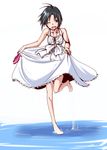  :d barefoot black_hair clearite dress full_body holding holding_shoes idolmaster idolmaster_(classic) kikuchi_makoto one_eye_closed open_mouth shoes short_hair simple_background skirt_hold smile solo standing standing_on_one_leg wading water white_background white_dress 