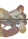  2girls akizuki_maria aonuma_shun asahina_satoru blue_eyes brown_eyes brown_hair casual different_reflection kiss long_hair male_focus multiple_boys multiple_girls red_hair reflection shin_sekai_yori short_hair watanabe_saki yaoi yuri 