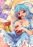  bed blue_eyes blue_hair blush breasts food hair_ornament hair_rings hair_stick heart holding ice_cream kaku_seiga large_breasts looking_at_viewer lying melting on_back open_mouth panties pillow solo tongue touhou underwear yuu_(kfc) 