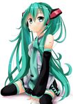  bad_id bad_pixiv_id detached_sleeves green_hair hatsune_miku headset highres jasied long_hair looking_at_viewer necktie sitting skirt solo thighhighs twintails very_long_hair vocaloid 