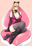 animal_ears bad_id bad_pixiv_id boots breasts cleavage detached_sleeves glasses gloves hairband heart kusagami_style large_breasts lips original sitting solo thighhighs 