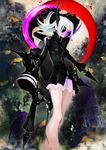  arm_up bare_legs black_gloves black_jacket black_rock_shooter black_rock_shooter_arcana breasts building closed_mouth crescent_moon eyepatch farside_bunny from_below gloves holding holding_weapon jacket kunai legs long_hair long_sleeves looking_at_viewer medium_breasts moon one_eye_covered pink_skirt purple_eyes red_moon silver_hair skirt smile solo standing taiki_(luster) unsheathed weapon zipper 