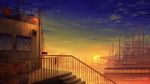  bad_pixiv_id building cityscape fence highres lamppost moon night no_humans original scenery sky sunset toshiyu_(10shi_yu) 